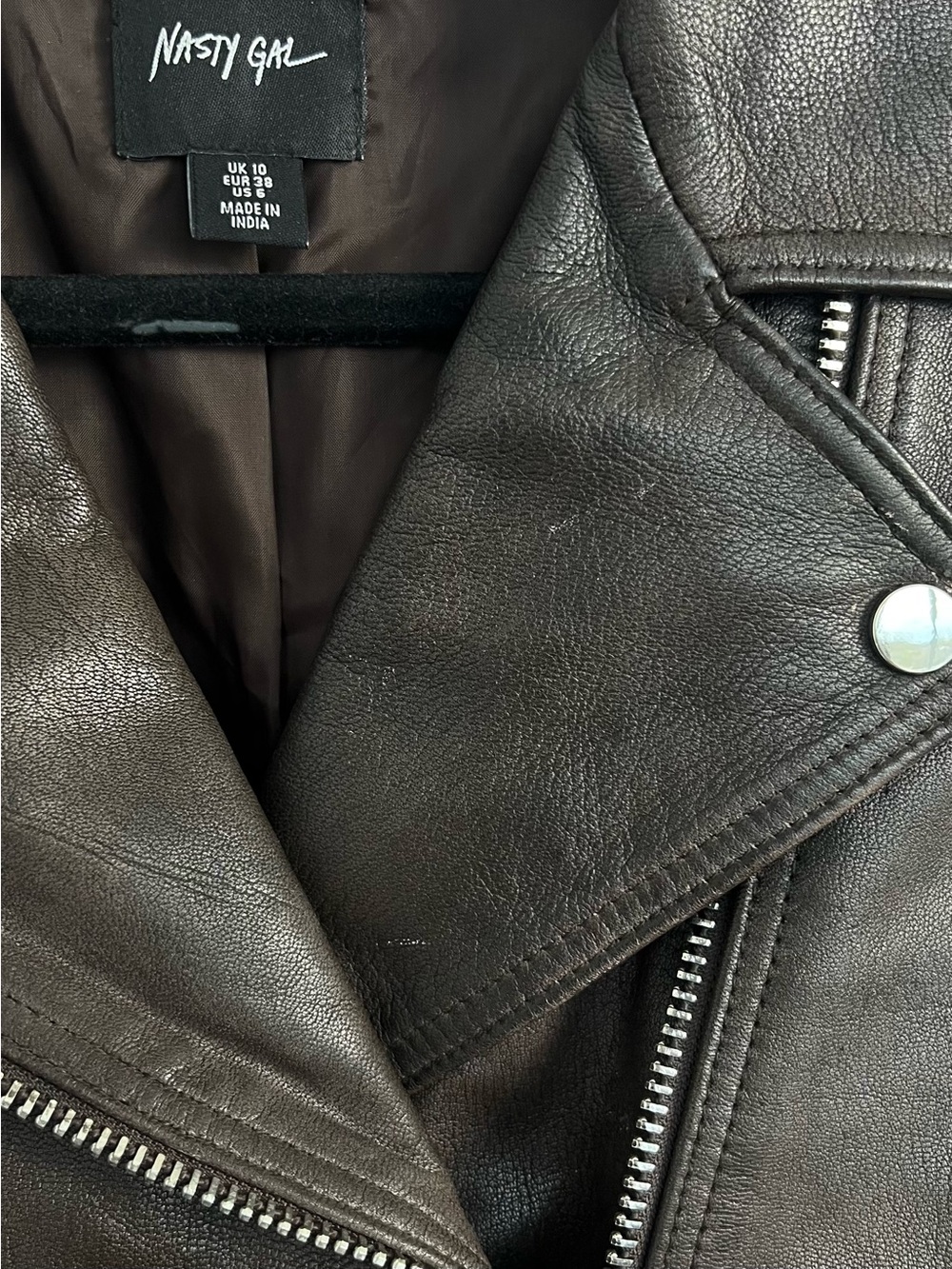 Nasty Gal Brown Leather Fringe Moto Jacket with Black Star - Picture 6 of 13